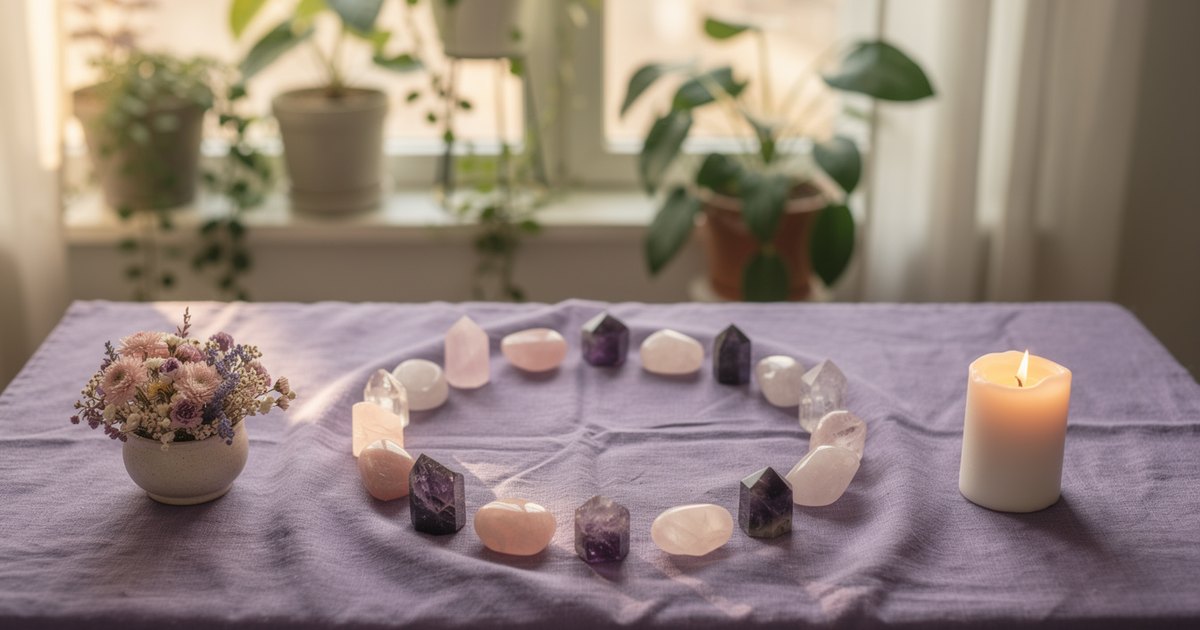A circle of amethyst, rose quartz and clear quartz crystals on a lavender linen cloth, with a small vase of dried flowers and a lit white candle, in front of a window with green plants.