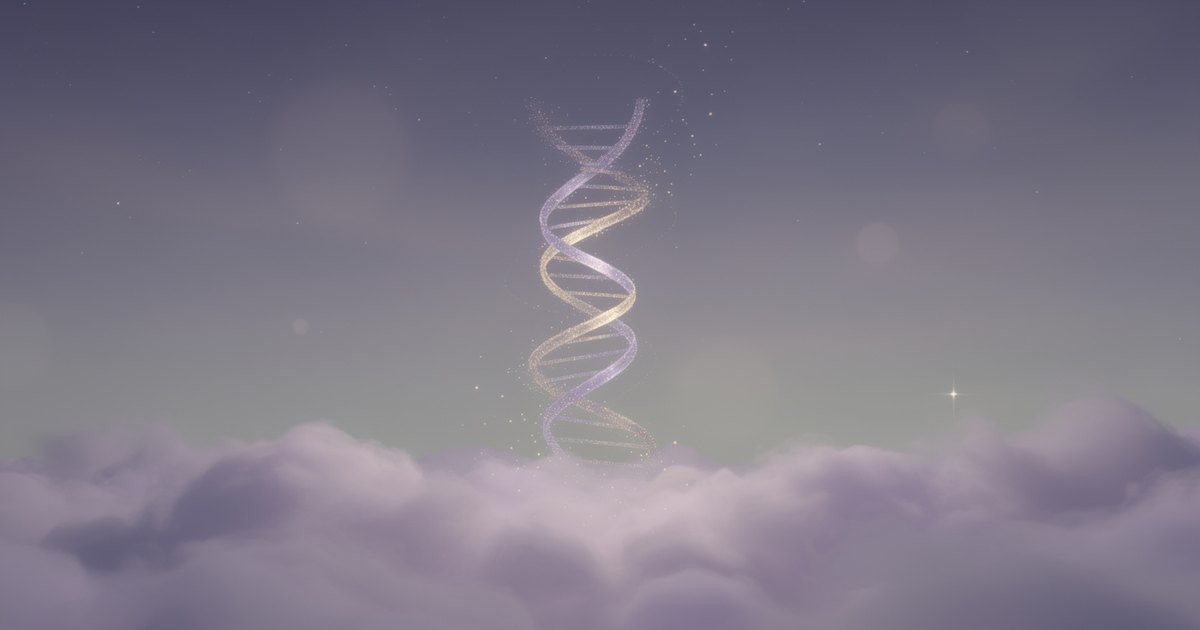 A softly glowing double helix of lavender and gold light rises above a sea of pale purple clouds in a calm twilight sky.
