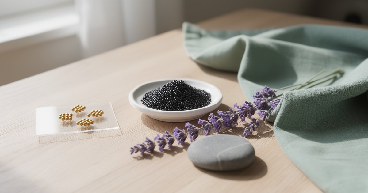 A small white dish of tiny black vaccaria seeds beside rows of golden ear seeds on a clear sheet, with a sprig of lavender, a smooth grey stone and a sage green linen cloth on a light wooden table.