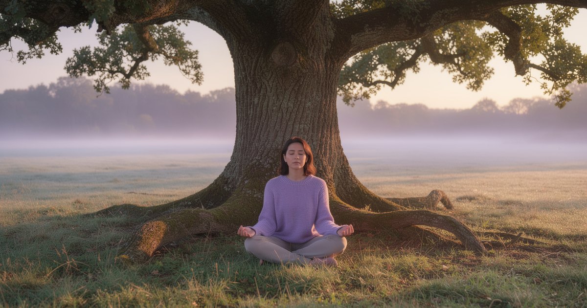 A woman in a lavender sweater meditates cross-legged beneath a large old oak tree, its roots spread around her, in a misty meadow at dawn.