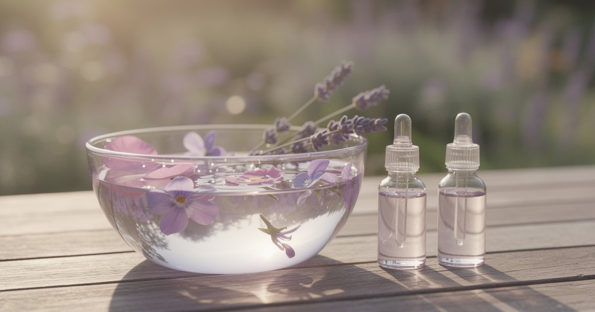 A clear glass bowl of water with floating violet and pink blossoms and sprigs of lavender beside two small glass dropper bottles on a garden table in soft morning light.