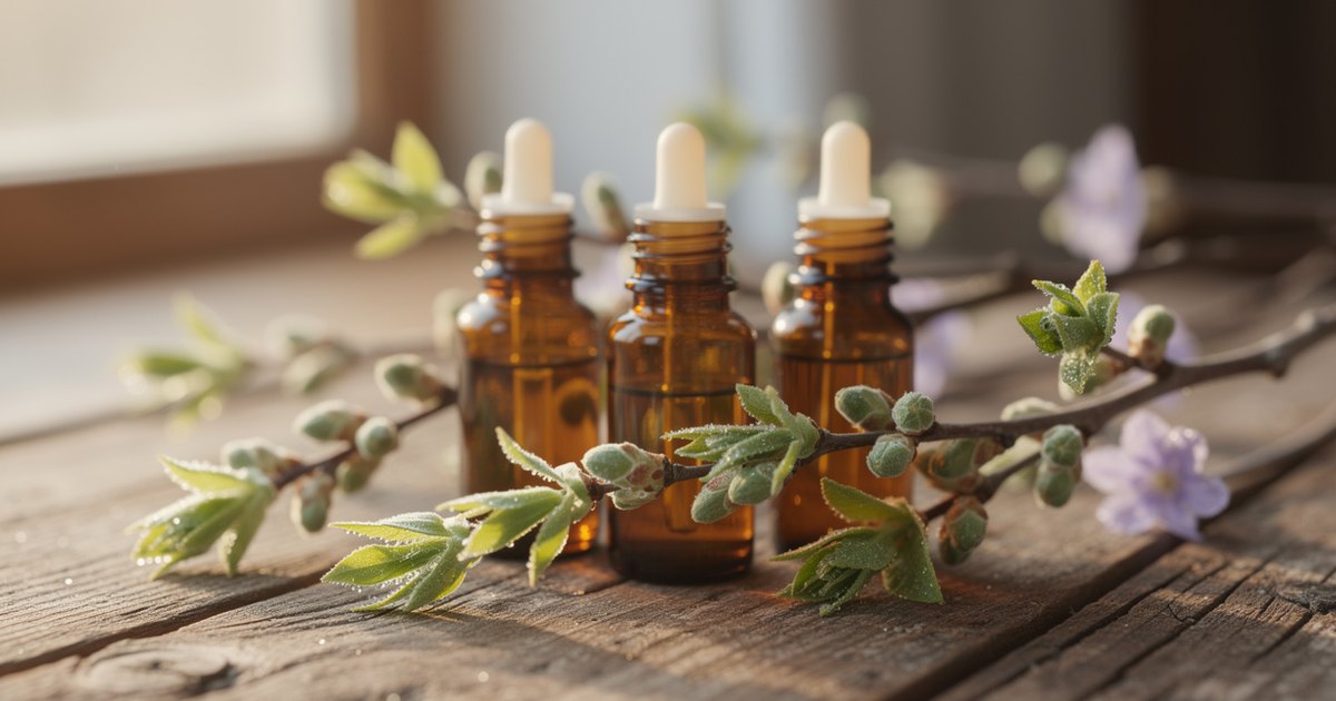 Three amber glass dropper bottles among budding spring branches with fresh green shoots and small lavender blossoms on a weathered wooden table in soft window light.
