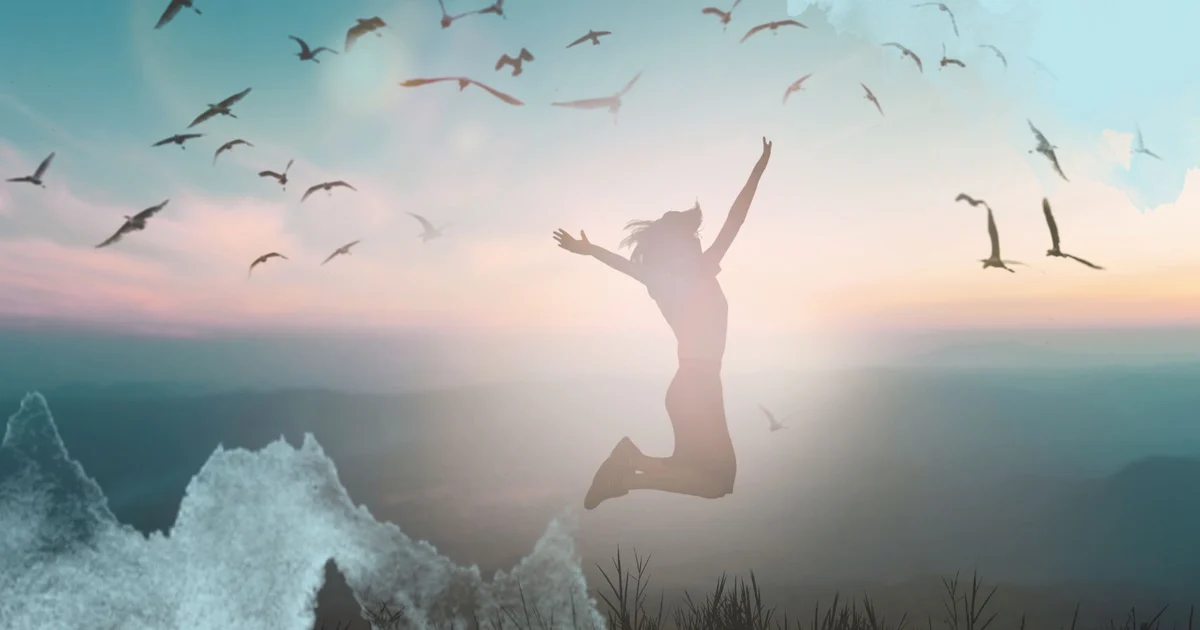 Silhouette of a person leaping with arms raised on a mountain top at sunrise as birds fly across a pale sky