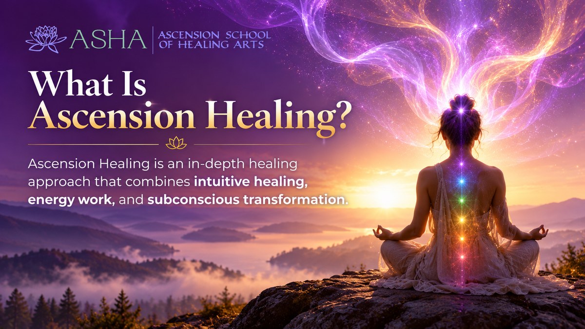 What Is Ascension Healing? Ascension Healing is an in-depth healing approach that combines intuitive healing, energy work, and subconscious transformation. A woman meditates cross-legged on a rocky peak at sunrise, glowing chakra points along her spine and violet light rising above her head, over misty purple hills. ASHA logo at top left.