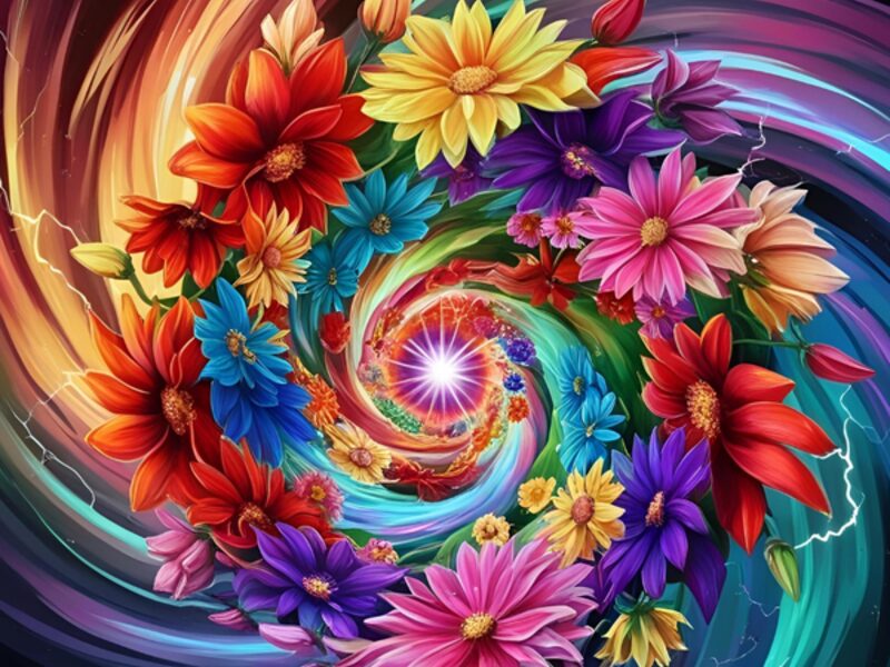 Bright red, orange, blue and purple flowers spiraling around a glowing white center