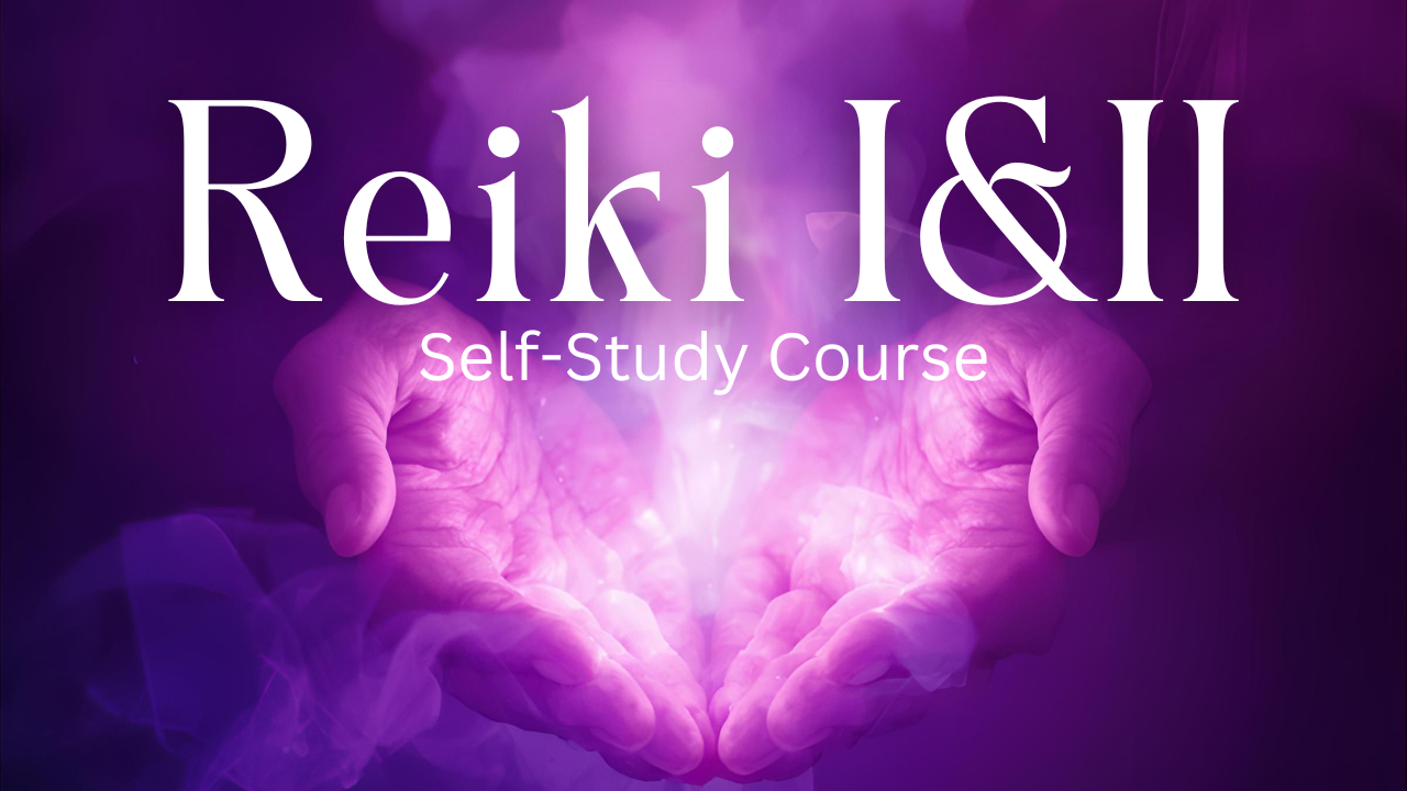Reiki I&II Self-Study Course cover: cupped hands cradling violet light