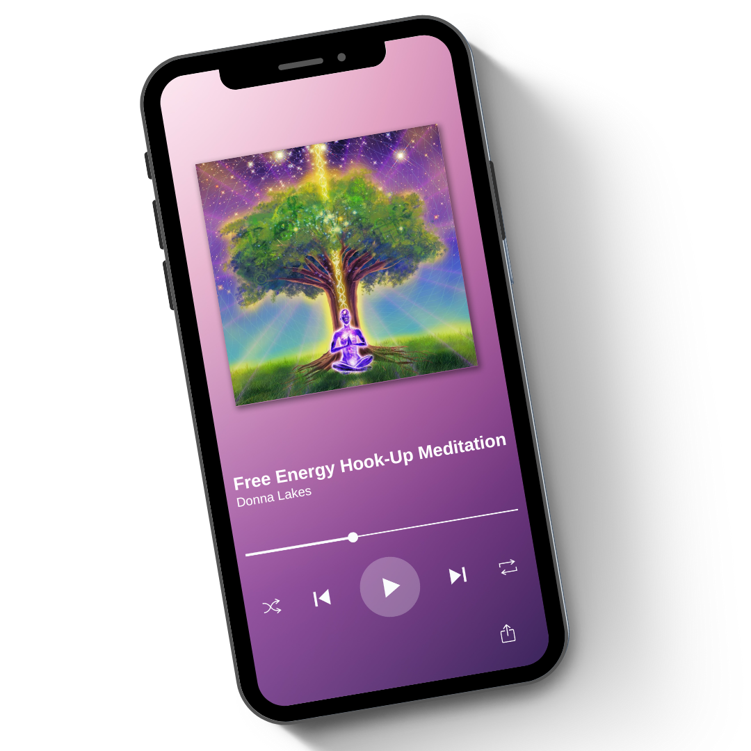 A phone playing the Free Energy Hook-Up Meditation by Donna Lakes, its cover a glowing tree over a meditating figure