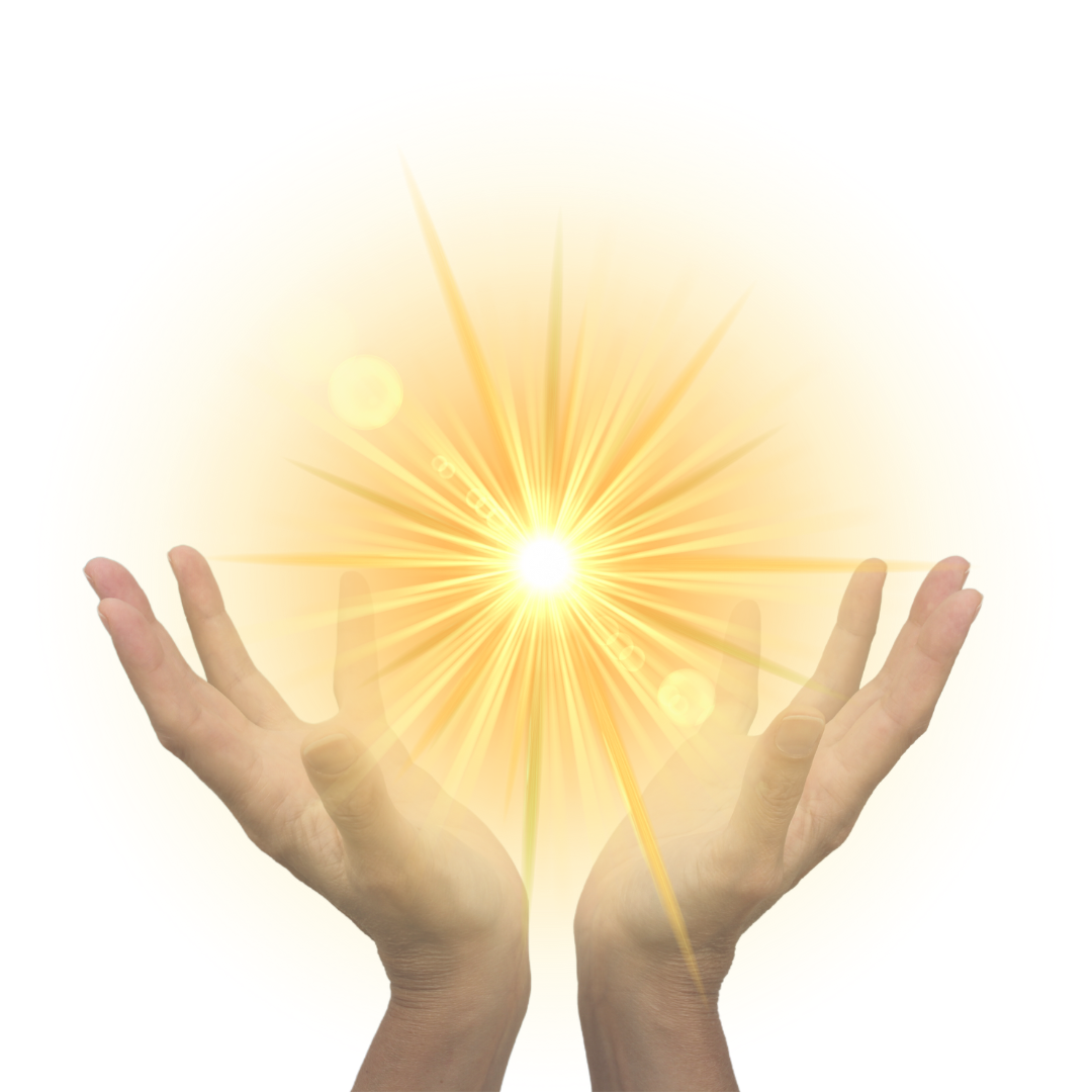 Two open hands held up beneath a bright golden burst of light