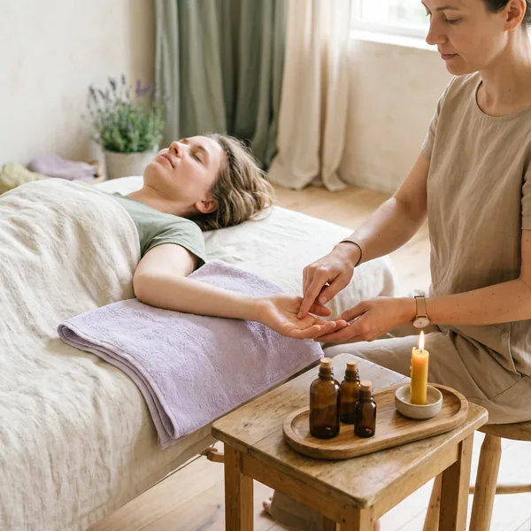 A practitioner lightly touches the open palm of a woman resting on a session table, beside amber oil bottles and a lit candle on a wooden tray