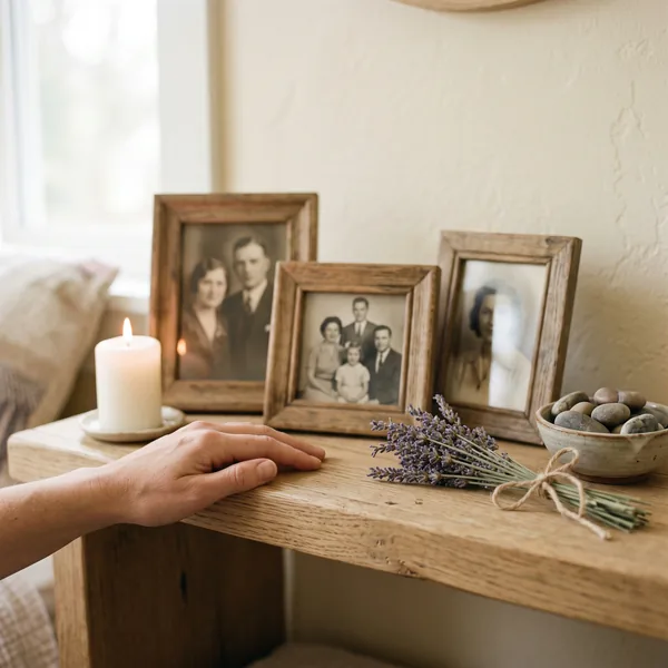 Three vintage family photographs in wooden frames on a shelf with a lit candle, dried lavender and a bowl of stones, a woman's hand resting beside them