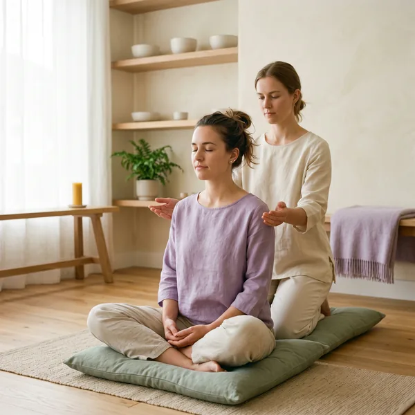 A woman sits cross-legged on a sage green floor cushion with her eyes closed while a practitioner kneels behind her, holding open palms near her shoulders
