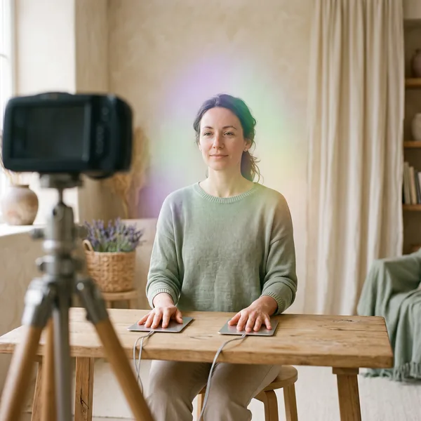 A woman rests her palms on two hand-plate sensors at a table, with a soft violet and green glow around her and a camera on a tripod in front of her