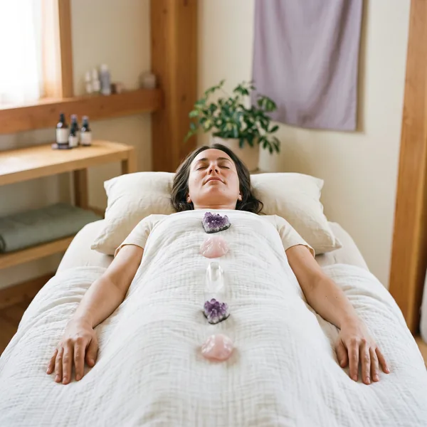 A woman rests on a session table with amethyst, rose quartz and clear quartz stones placed in a line down the blanket over her body
