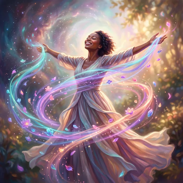 A smiling woman dances with arms open wide as ribbons of colorful light and petals swirl around her