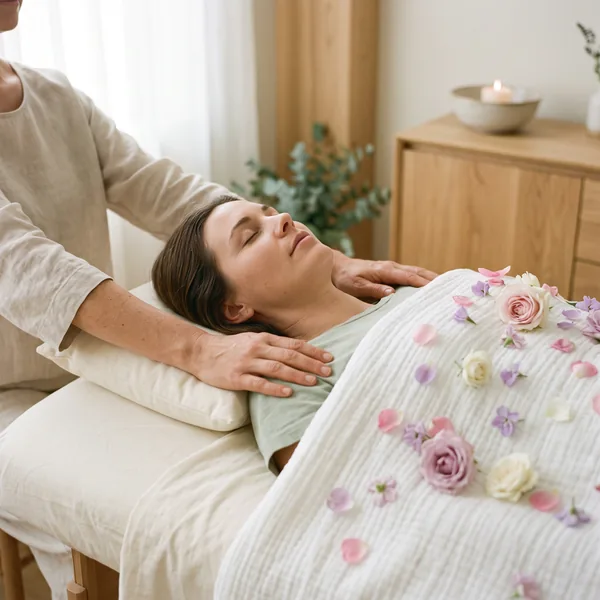 A practitioner rests her hands on the shoulders of a woman lying on a session table, with rose petals and flowers scattered over her blanket