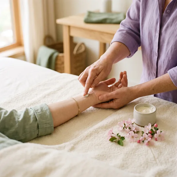 A practitioner applies a small dab of cream to the inside of a client's wrist, beside a pot of cream and pink blossoms
