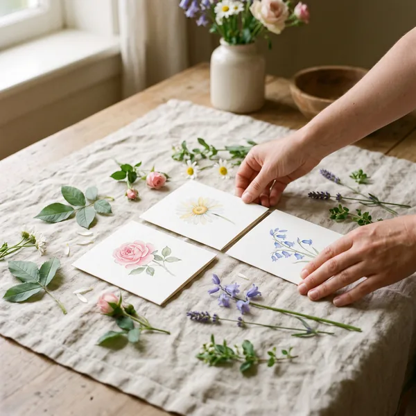 Hands lay out three cards painted with a rose, a daisy and bluebells on a linen cloth surrounded by fresh flower stems