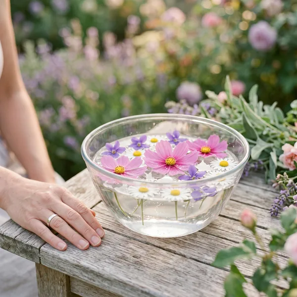 Pink cosmos, purple violets and white daisies float in a glass bowl of water on a garden table, a hand resting beside it