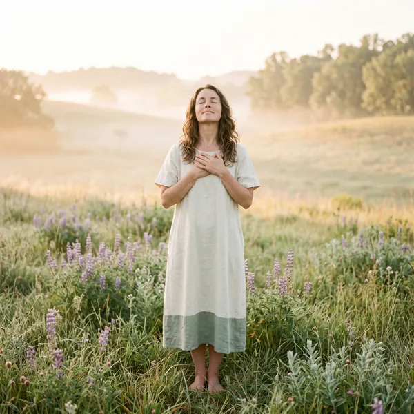 A woman stands in a misty meadow at sunrise with both hands over her heart and her eyes closed