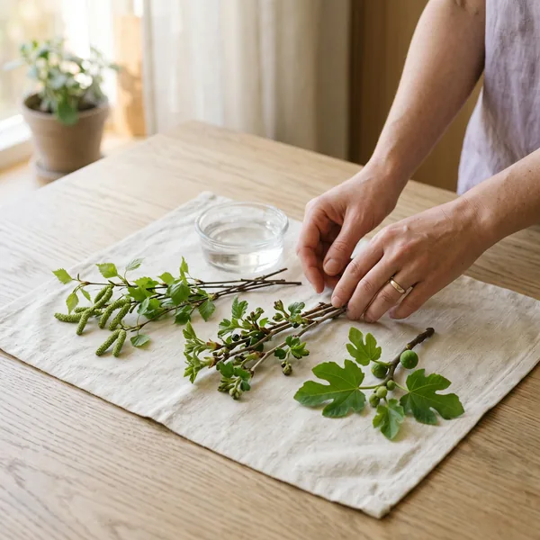 Hands arrange fresh birch catkins, young shoots and fig leaves on a linen cloth beside a small glass dish of water