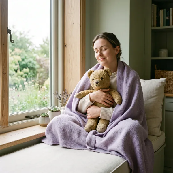 A woman wrapped in a lavender blanket sits on a window seat, hugging a worn teddy bear with her eyes closed and a soft smile