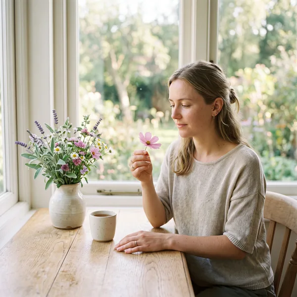 A woman at a sunny window table holds a single pink cosmos flower and looks at it, beside a vase of wildflowers and a cup of tea