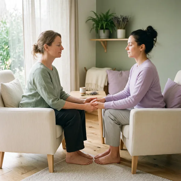 Two women sit facing each other in cream armchairs, holding hands with their eyes closed
