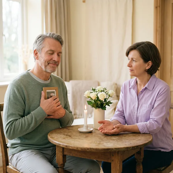 A man holds a small framed photograph to his chest with his eyes closed and a gentle smile, while a woman listens across a table set with a candle and white roses