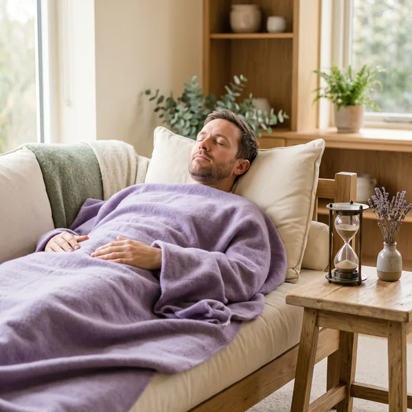 A man rests with his eyes closed on a daybed under a lavender blanket, beside an hourglass and a small vase of dried lavender