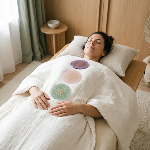 A woman rests on a session table with three round discs in violet, pink and green, each with gold geometric lines, placed on the blanket over her body