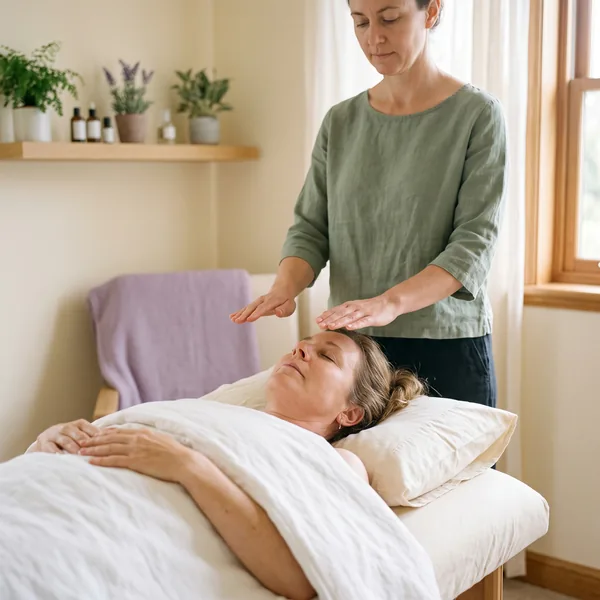 A practitioner holds her hands just above the head of a woman resting on a session table under a white blanket