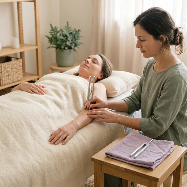 A practitioner rests a steel tuning fork on the forearm of a woman lying on a session table, a second fork on a lavender cloth nearby
