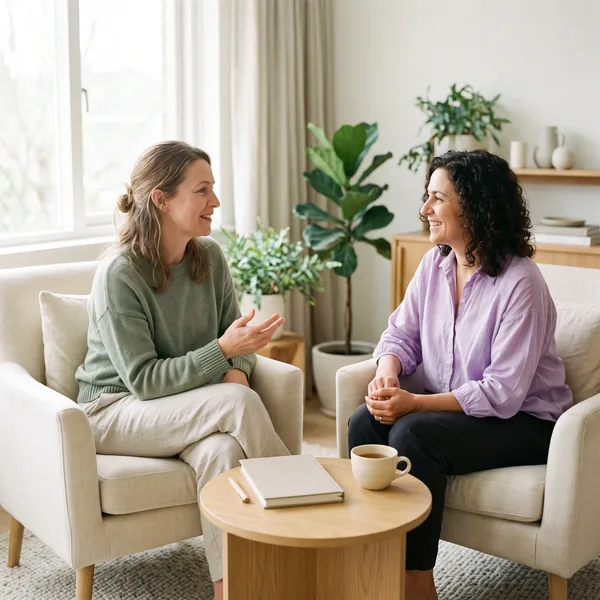 Two women talk and smile in cream armchairs, with a journal and a cup of tea on a small table between them