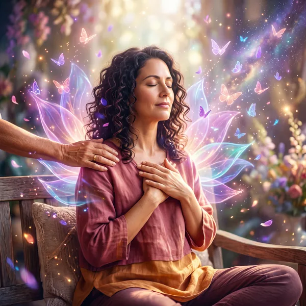A woman holds her hands over her heart as a caring hand rests on her shoulder amid glowing butterflies