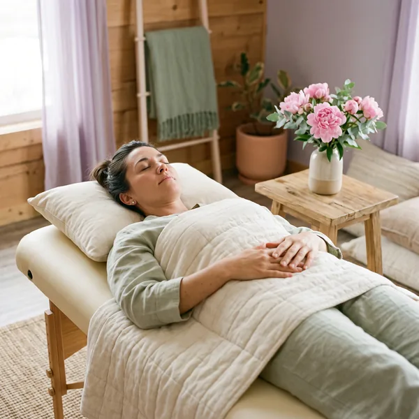 A woman rests on a session table under a cream blanket with both hands over her lower belly, beside a vase of pink peonies